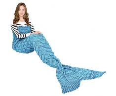 eCrazyBaby Meerjungfrau Schwanz Decke, Alle Jahreszeiten Warme Gestrickte Bettdecke Sofa Steppdecke Wohnzimmer Schlafsack für Kinder und Erwachsene, Fischschuppen Muster, 195 x 90 cm, Pfauenblau