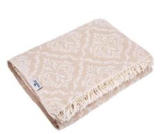 Carenesse Tagesdecke King Size BAROCK beige, 260 x 260 cm, hochwertige leichte Doubleface Decke 100% Baumwolle Kurze Fransen, Wohndecke, Sofa-Überwurf, Bettüberwurf, Couchdecke, Bedspread, Plaid