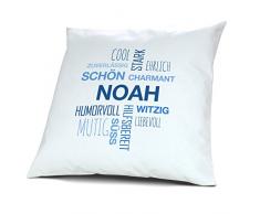 Kopfkissen mit Namen Noah - Motiv Positive Eigenschaften Tagcloud Blau, 40 cm, 100% Baumwolle, Kuschelkissen, Liebeskissen, Namenskissen, Geschenkidee
