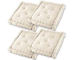 Gräfenstayn® 4er-Set Sitzkissen Stuhlkissen 40x40x8cm für Indoor und Outdoor aus 100% Baumwolle Dicke Polsterung Steppkissen/Bodenkissen (Creme)
