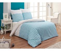 Style Heim Fein-Biber Bettwäsche mit Kissenbezug 2 Teilig 100% Baumwolle Edel-Flanell Reißverschluss 155x220 cm + 80x80 cm, Muster Dreiecke Rustikal Babyblau Blau