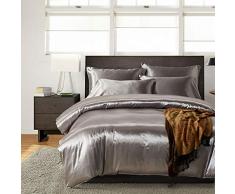 3-teiliges Bettwäsche-Set, Bettbezug-Set, Satin-Seide, Bettbezug, Kissenbezüge, Einzel-, Kingsize- und Doppelbett-Bettwäsche-Set, silbergrau, Einzelbett