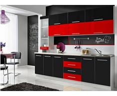 Komplette Küche MONI S 260 cm verschiedene Farbkombinationen Hochglanz NEU (schwarz / rot)