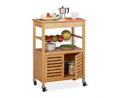 Relaxdays Küchenwagen Bambus, Arbeitsplatte, Schrankfach & Korb, Servierwagen mit Rollen, HBT: 82 x 59,5 x 35 cm, natur