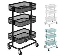 Ribelli Rollwagen mit DREI Etagen, Vier Rollen – Servierwagen aus hochwertigem Stahl – durchsichtige Korbablagen je bis 10 kg belastbar – Zwei Rollen mit Fixierung (40.5x36x74.5 cm, schwarz)