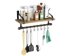 Love-KANKEI Küchenregal Küchenablage Pfannenhalter Wand Organizer von Kochutensilien Gewürzregal Vollholz Metall Vintage mit Holzbrett 8 Abnehmbaren Haken für Küche Badezimmer Flur usw.