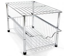 Amtido Metallgitter-Regal mit Korbschublade unter Waschbecken für Küchenschrank, Unterschrank aus Metallgitter für Küche und Badzimmer – aus Chrom