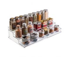 mDesign Gewürzregal für Küchenschrank und Arbeitsfläche – ausziehbarer Gewürzständer aus Kunststoff für Ordnung in der Küche – praktischer Küchen-Organizer auf 3 Ebenen – durchsichtig