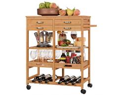 Homfa Küchenwagen Bambus Rollwagen mit 4 Schubladen Ablagen Serviertablett Servierwagen Rollen mit Bremsen 66 * 36 * 80,5cm
