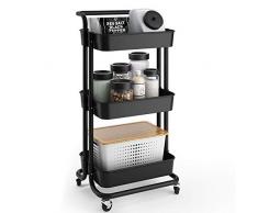 YOOKEA Rollwagen Servierwagen Küchenwagen mit 3 Etagen Roll Regal für Wohnzimmer, Küche, Büro mit Rollen Schwarz