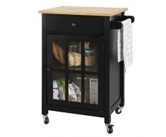 SoBuy FKW98-SCH Küchenwagen mit 1 Tür und Schublade Servierwagen mit Arbeitsplatte aus Kautschukholz Beistellwagen Rollwagen Schwarz BHT ca.: 63x88x46cm