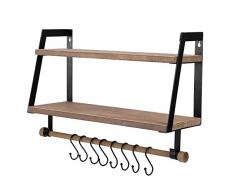 Vencipo Wandregal Holz für Organizer Küche Gewürzregal mit 8 Metall Haken, Vintage Regal Wand für Badezimmer Aufbewahrungs mit Handtuchhalter. Bücherregal Holz für Wanddeko Kinderzimmer.