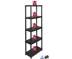 Kunststoffregal, Lagerregal, Steckregal mit fünf soliden Böden, belastbar mit bis zu 25 kg pro Boden. Maße 60 x 30,5 x 170 cm. TÜV Rheinland GS