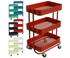 casa pura Design Allzweckwagen mit 3 Etagen - Rollwagen bis 24 kg belastbar - Servierwagen mit 2 Bremsen - Beistellwagen für Küche, Bad, Büro - Korbwagen auf Rollen in 6 Farben (Rot)