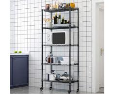 LENTIA Küchenregal stabil Lagerregal Standregal 5 Regalböden Metallregal Regal für küche Haushaltsregal mit Rollen Schwarz 157 * 35 * 75cm bis zu 30 kg pro Regalboden