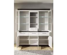 Buffetschrank Lyon Anrichte, Schrank, Geschirrschrank, Buffet, Esszimmerschrank, Glasschrank, Vitrinenschrank, Esszimmer, Speisezimmer, Wohnzimmer, modern, Pinie weiß Nachbildung, Wengenachbildung in 183x205x37cm