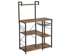 VASAGLE Küchenregal, Standregal mit Metallkorb, Bäckerregal mit 6 S-Haken und Regalablagen, Mikrowellenregal, Gewürzregal, für Töpfe und Pfannen, Industrie-Design, Vintage, dunkelbraun KKS35X