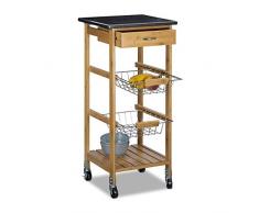 Relaxdays Küchenwagen Bambus ALFRED S mit schwarzer Marmorplatte HBT: 82,5 x 37,5 x 37,5 cm Küchenrollwagen mit Schublade als Servierwagen mit 2 Edelstahl Körben Rollwagen und Küchentrolley, natur