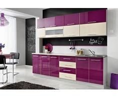 Komplette Küche MONI N 260 cm verschiedene Farbkombinationen Hochglanz NEU (Vanilla / Violett)
