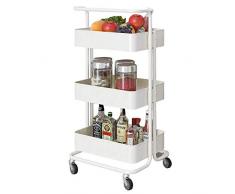 Servierwagen auf Rollen, Küchenwagen Rollwagen, Aufbewahrungswagen, Badwagen rollwagen, Haushaltswagen, 3-Etagen Rollwagen mit abnehmbarem Griff für Badezimmer, Küche, Kinderzimmer, Waschküche - weiß