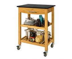 SoBuy FKW28-SCH Servierwagen mit Schublade und 2 Ablagen Küchenwagen Küchenregal aus Bambus mit Granitarbeitsplatte BHT ca.: 58x85x40cm
