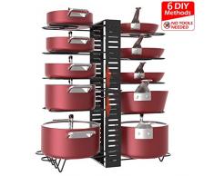 X-cosrack Pot Racks, 10 Stufen verstellbare Höhen mit rutschfesten Füßen, 6 DIY-Methoden, erweiterbare Küchenschrank Pantry Pans und Tots Lid Organizer Rack Holder, Schwarz