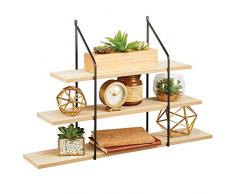 mDesign Wandregal mit 3 Ebenen – kleines Bad- und Küchenregal aus Metall und MDF Holz – wandmontiertes Holzregal für Kosmetik, Handtücher oder Gewürze und mehr – schwarz und naturfarben