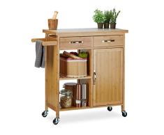 Relaxdays Küchenwagen Holz, Bambus, 4 Rollen, Arbeitsplatte aus Marmor, mit Schubladen, HBT: 85,5 x 89,5 x 36 cm, natur