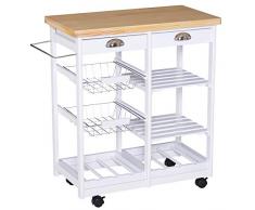 HOMCOM Küchenwagen Küchenrollwagen Servierwagen mit Korb Schublade Weinablage rollbar Holz weiß 74 x 37 x 76 cm