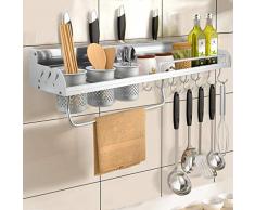 iKINLO Gewürzregal 70CM Küchenregal aus Aluminium Küchenablage Multifunktionales Gewürzhalter Pfannenhalter Wand Organizer mit 10 Haken und 3 Tassenschlitze für Küche Badezimmer Silber