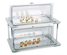 Kühltablett/Buffet-VitrineDOPPELDECKER, 14-teilig: 2 Edelstahl-Tabletts GN 1/1 + 4 Kühlakkus + 2 Edelstahl-Schalen + 2 Acrylrahmen + 4 verchromte Stangen, 61x38x33 cm | SUN (A1 - Kühltablett-Set)