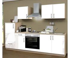 Küchenzeile 270 cm Komplett Küche Lack weiß mit Kühlschrank Herd Backofen Spüle Esse