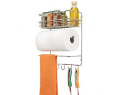 mDesign Küchenrollenhalter – platzsparender Papierrollenhalter zur Wandmontage mit integriertem Gewürzregal aus Metall – praktischer Küchenhelfer – silberfarben
