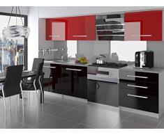 naka24 NEU Komplette Küche KOMPAKTO II 180 cm Hochglanz Verschiedene Farbkombinationen (Schwarz-Rot)