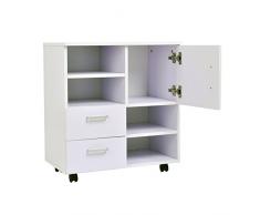 HOMCOM Nachttisch Beistelltisch Rollwagen mit 2 Schubladen+1 Schrank Schlafzimmer Wohnzimmer Spanlatte in Weiß 60 x 65 x 35 cm