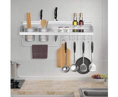 iKINLO Gewürzregal 60CM Küchenregal aus Aluminium Küchenablage Multifunktionales Gewürzhalter Pfannenhalter Wand Organizer mit 10 Haken und 2 Tassenschlitze für Küche Badezimmer Schwarz