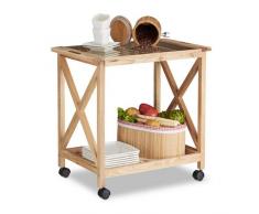 Relaxdays Küchenwagen Holz auf Rollen, 2 Etagen Servierwagen, Rollwagen mit Glasplatte, HxBxT: 63 x 66,5 x 38 cm, natur