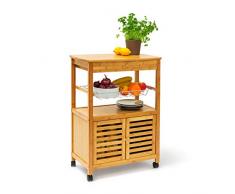 Relaxdays Küchenrollwagen XL Hx B x T 80 x 60 x 35 cm James Bambus Sevierwagen mit Schublade als rollbarer Küchenwagen aus Holz mit großer Ablage und Korb für Geschirr als mobiler Rollwagen, natur