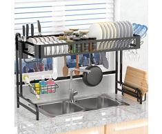 LeaderPro Geschirrabtropfständer - 58 x 84 x 32 cm Abtropfgestell Geschirrabtropfer 304 Edelstahl Geschirrständer Abtropfschale in Küche standhalten 40KG mit Hacken Abtropfschale Küchenregal Spüle