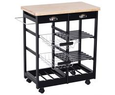 HOMCOM Küchenwagen Küchenrollwagen Servierwagen mit Korb Schublade Weinablage rollbar Holz schwarz 74 x 37 x 76 cm