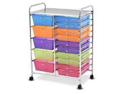 COSTWAY Rollwagen Metallgestell, Rollcontainer rollbar, Badrollwagen mit Bremsen, Aufbewahrungswagen aus Plastik, Beistellwagen inkl. 15 stapelbaren Schubladen, Haushaltswagen 62,5x37x87 cm (bunt)