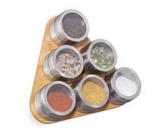 Relaxdays Gewürzregal, 6 Edelstahl Gewürzdosen, zum Streuen, magnetischer Halter aus Bambus, stehend, Gewürzboard, natur, 1 Stück