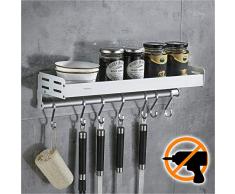Wangel Küchenhalterung ohne Bohren mit 7 Haken, Küchenregal für Gewürze, Hakenleiste Küchenhelfer Hängeleiste, Patentierter Kleber + Selbstklebender Kleber, Aluminium, Matte Finish