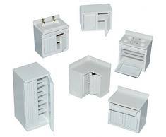 alles-meine.de GmbH 6 TLG. Set: Küche / Küchenmöbel - aus Holz - weiß - Miniatur Möbel - Schrank + Spühle + Hängeschrank + Herd + Eckschrank + Kühlschrank - Puppenstubenmöbel..