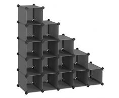 SONGMICS Schuhregal Kunststoff, rechteckiges Regalsystem mit 15 Fächern, DIY Steckregal, Aufbewahrungsregal, Kleiderschrank, Schuh-Organizer, 22 x 35 x 22 cm pro Fach, Metalldraht, grau LPC44G
