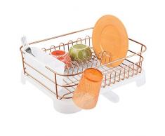 mDesign Abtropfgestell mit Abtropfschale – Abtropfablage für die Küchentheke oder Spüle – Geschirrabtropfer aus Metall und Kunststoff mit drehbarem Ausguss – kupferfarben/durchsichtig