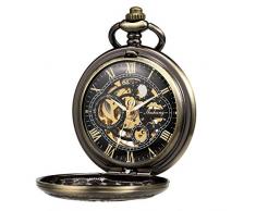 TREEWETO Taschenuhr mit Kette Herren Analog Handaufzug Doppelscharnier Antik Zahnrad Römische Ziffern Bronze