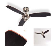 Deckenventilator Fossa aus Metall/Holz in Nickel-matt/Silber oder Braun, Ventilator mit 2 Zugschnuren u. wendbaren Rotorblättern, in 3 Stufen schaltbar, Ø 98 cm, geeignet für Sommer u. Winter