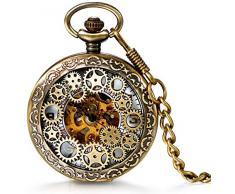 Damen Herren Steampunk Automatik mechanische Taschenuhr Bronze, LANCARDO Retro Zahnrad Ritzel Mechanische Kettenuhr Skelett Uhr mit Halskette Kette