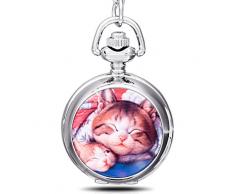 Unendlich U Luxus Schmelz faul Katzen/kitty/Kitten mit groß Quarz Taschenuhr Halskette und lange Kette für Damen/Herren/Mädchen/Junge/Kinder